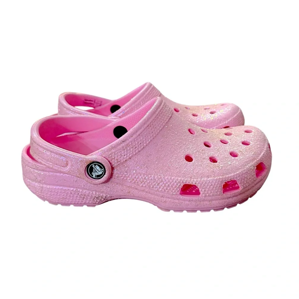 CROCS Classic Fit Girls Pink Tweed Slip On Glitter Clogs Big Kids J 5